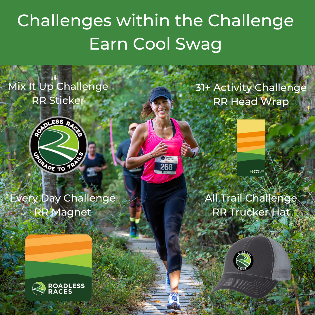 runner surrounded by challenge metal, magnet, hat, and head wrap with the text Challenges within the Challenge, Earn Cool Swag