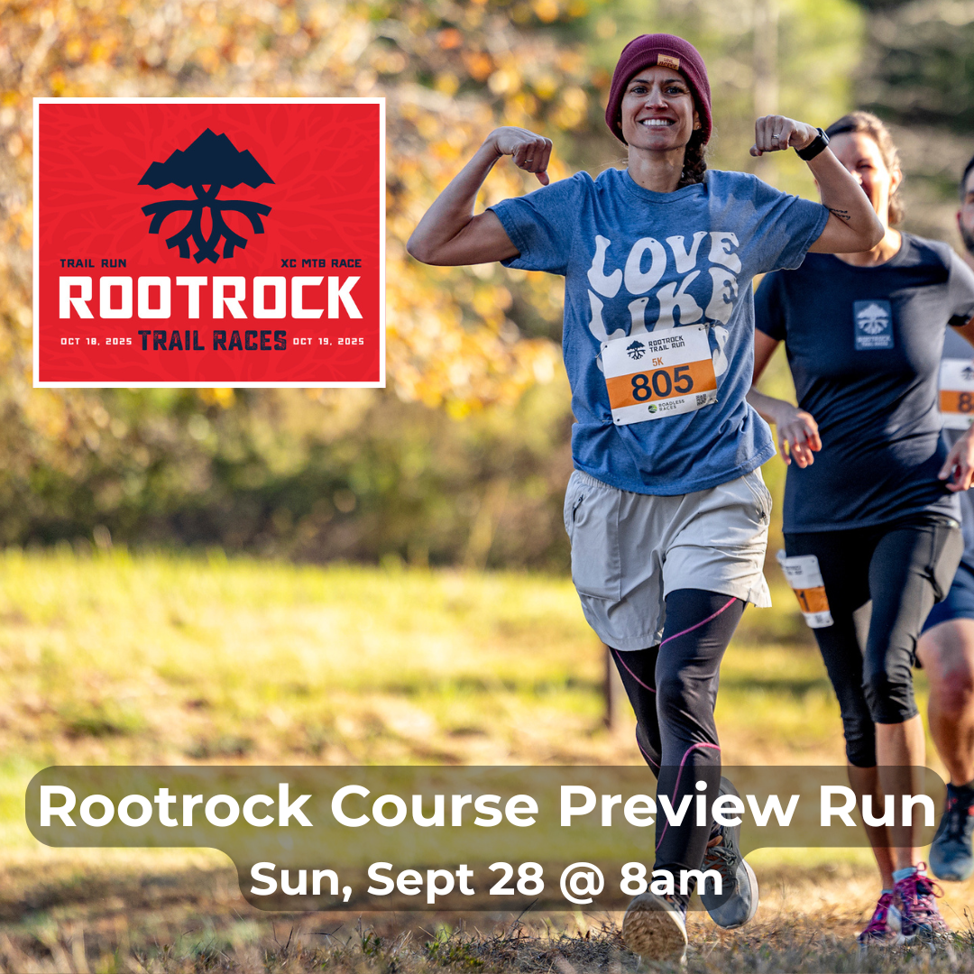 photo of a female runner with the words Rootrock course preview run