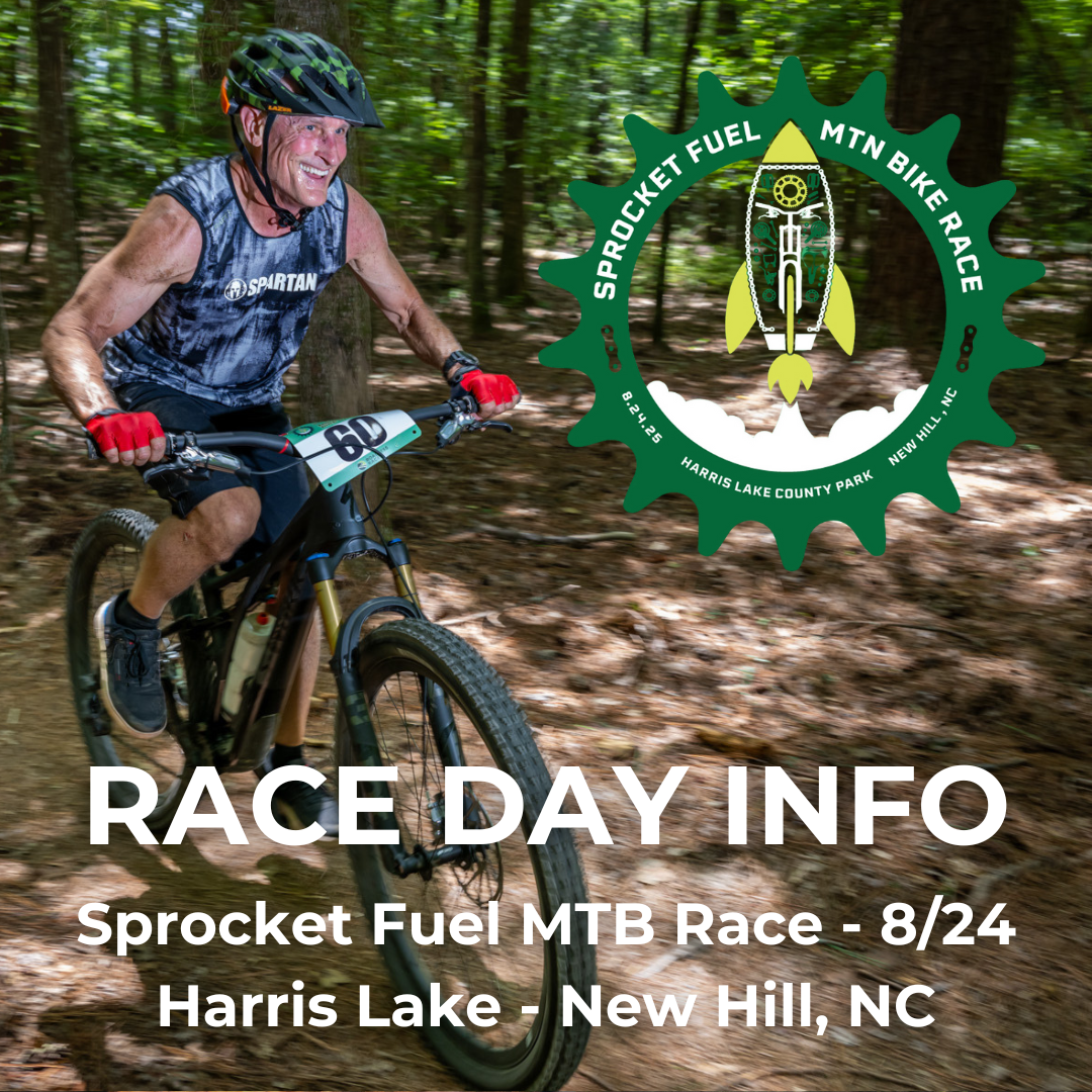 photo of a male mountain biker with the words Race Day Info