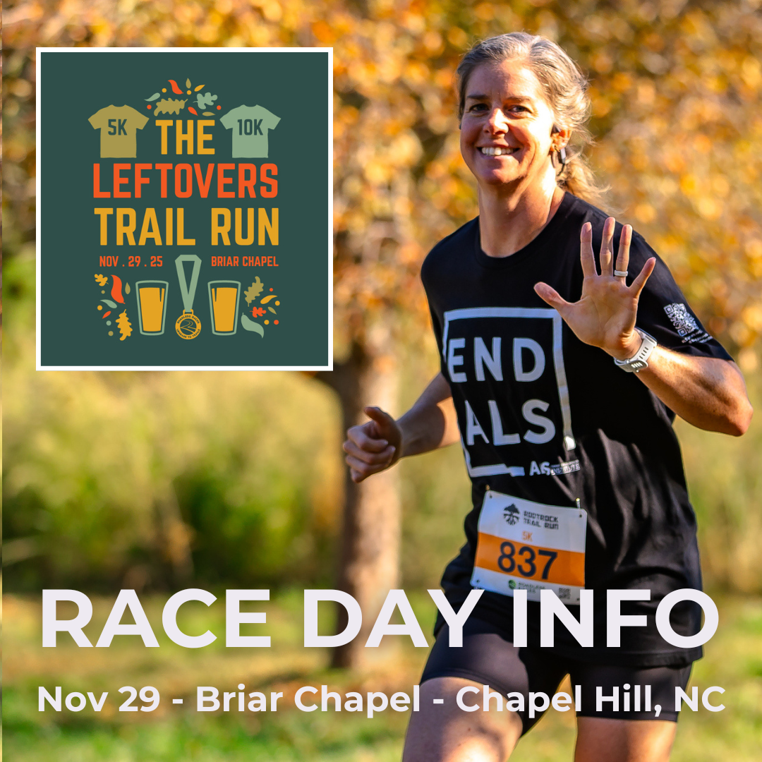 Leftover Trail Run Race Day Info words over a photo of a female racer